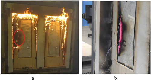 Figure 8. Close ups from the tests (a): 03A/03B after test termination. Cotton wool ignited in the marked area after 29.5 minutes, (b): 04A after 29 minutes, with sustained flaming and failure in temperature criteria.