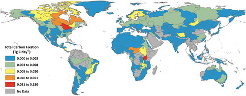 Figure 8. Total carbon fixation (Tg C day−1) from freshwater lakes aggregated by freshwater ecoregions of the world (Abell et al. Citation2008)