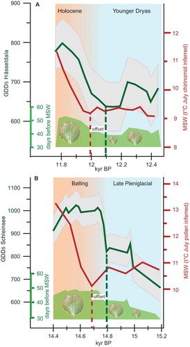 Figure 3. Proxy-derived growing season thermal properties and maximum summer warmth (MSW = July temperature) over the Younger Dryas – Holocene and Late Pleniglacial – Bølling transitions.A. Green line – GDD5 reconstruction based on fossil Betula nana leaf fragments from the Hässeldala site (Sweden) with RMSE as grey envelope. Red line: MSW (July temperature (°C) reconstructed by chironomid analysis from the same sediment core, 3-point average of data (Muschitiello et al. Citation2015). Green shaded area is the onset of vegetation greening deduced from reconstructed Betula nana bud-burst dates as number of days before MSW for comparison to proxy-based summer temperature. Betula nana leaf pictures visualise the relative size changes in foliage under varying thermal conditions. Stippled lines delineate onset of GDD5 increase and initial increase in July temperatures in the proxy records. B. GDD5 reconstruction based on fossil Betula nana leaf fragments from the Schleinsee site (Germany) with RMSE as grey envelope. Red line: MSW (July temperature (°C) reconstructed by pollen analysis) from the same sediment core. Green shaded area and stippled lines show onset of greening and offset between GDD5 accumulation and July temperature (°C) for the Late Pleniglacial – Bølling transition quantified as in panel A.
