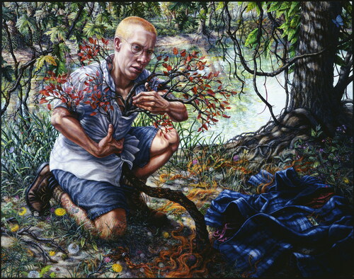 Figure 3. Acrylic painting in color. Eli Clare kneels on the left side of the image. He has buzzed orange hair, glasses, and is holding the branches of a tree that grow from the ground into his shirt. On the ground to his left is a blue plaid jacket and tendrils of orange hair. Around him is a lush landscape of water, trees, and flowers.