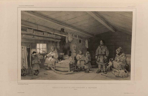 Figure 7. Barthélemy Lauvergne: Interieur d’une cabane de Lapons Norvégiens a Kautokeino (Finmark), from Voyages en Scandinavie en Laponie au Spitzberg et aux Feröe. Atlas Historiques et pittoresque, 1852. Lithographic print of drawing, reproduced with permission from the Norwegian National Library.