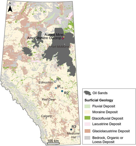 Figure 1. Map of Alberta Oil Sands deposits and surficial sediment sampling locations in relation to surface geology (adapted from Alberta Geological Survey, 2013) and the Alberta Oil Sands deposits (adapted from Auch, Citation2014).