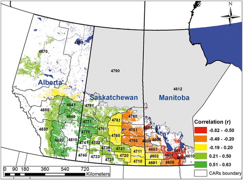 Figure 4. The map shows the spatial distribution of the Pearson’s correlation between the VegDRI-Canada values for the harvest season (5–11 August) and detrended and standardized canola yield for the CARs in the prairie region of Canada. The numbers in the CARs boundary show the CARs identification number. The correlation (in color) is shown for the canola production area only. The grey color shows the area where there are no VegDRI-Canada values, and white areas represent areas where canola has not been grown extensively in this time period, determined using annual crop inventory data from 2009 to 2015.