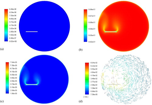 Figure 11. Bin fractions in the 2D PBM simulation after 0.75 s (a) smallest bin (b) initial bin (c) third bin (d) velocity vectors.