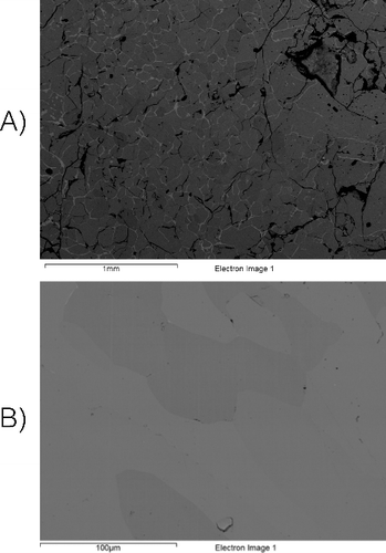 Figure 2. SEM micrographs of (A) U3Si5 and (B) U3Si2 samples used in this study.