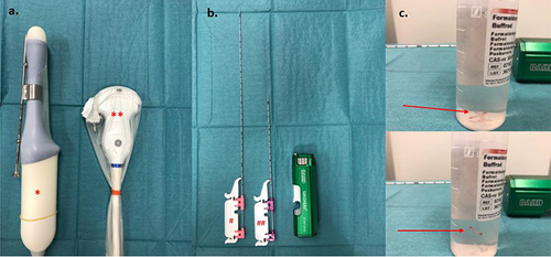 Figure 2 (a) Transvaginal RIC5–9–D *and transabdominal C2-9–D curvilinear **Probes prepared with protective cover and probe guide. (b) Bard® Magnum® Ref MG1522 tru-cut core biopsy instrument and 18G 30cm needle for transvaginal #Respectively 16G 20 cm needle for transabdominal ##Sampling. (c) tru-cut biopsy in formaldehyde solution.