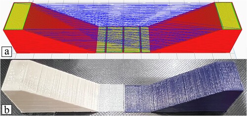 Figure 23. An object with distant features. (a) Single-print head toolpath (blue lines are the travel lines), and (b) 3D printed part with the developed machine.