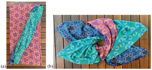Figure 27. a) Two of the attached cylinders bunched up out of the way, to make it easier to focus on the third. b) The scarf with one cylinder correctly sewn closed.