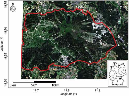 Figure 2. Location of the study site Grafenwoehr military training area outlined in red. The location of the study site in Germany is marked with a black square in the lower right map. The background map is based on the 24 June 2016 RapidEye acquisition (Table 1)