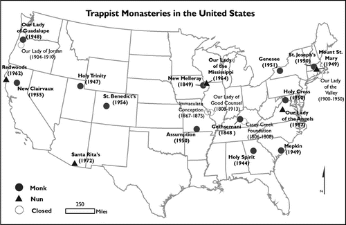 Figure 1. Map of Trappist monasteries within the United States.
