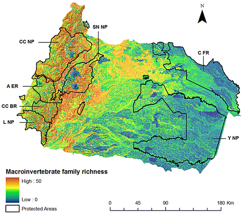 Figure 3. Family richness for freshwater invertebrates in the Napo Basin. This map was obtained from the summation of 54 invertebrate family distribution models. Main state protected areas in the Napo Basin are: Yasuní National Park (Y NP), Cuyabeno Faunistic Reserve (C FR), Cayambe Coca National Park (CC NP), Sumaco Napo-Galeras National Park (SN NP), Antisana Ecological Reserve (A ER), Colonso-Chalupas Biological Reserve (CC BR), and Llanganates National Park (L NP).