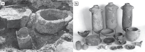 Fig. 14: Building 283, Stratum 11: a) olive-oil press; b) assemblage of complete vessels