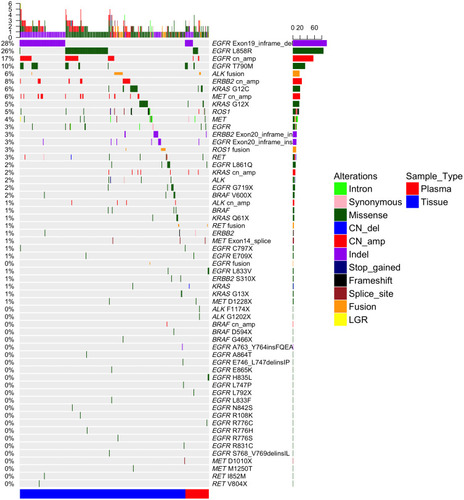 Figure 3 Driver genetic mutations spectrums identified by next-generation sequencing of 332 patients with NSCLC tumor tissue and plasma. Side bar represents the percentage of patients with driver gene mutation. Top bar represents the number of mutations per patient. Different types of mutations are denoted in different colors.