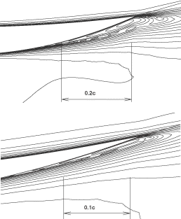 Figure 9. Initial (top) and target (bottom) close-up of Mach contours near trailing edge.