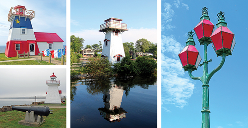 Figure 2. Faux Lighthouses (clockwise: The Grand Anse Lighthouse, NB; photo: D. Jarvis, 2022; Nancy Island Lighthouse, ON; photo: CMH, 2017; Reed’s Point Light, NB; photo: D. Jarvis, 2021; Digby Pier Lighthouse, NS; photo: D. Jarvis, 2018).