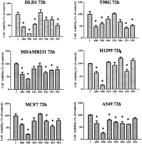 Figure 6. Compound NSC726558 shows potency in different cancer cell lines. A MTT assays of NSC726558 analogues was performed. The cancer cell lines were treated with 20 µM of the indicated compounds for 72 h and then analysed for cell viability. Colon cancer cells (DLD1), glioblastoma cells (T98G), breast cancer cells (MDAMB231 and MCF7), and lung cancer cells (H1299 and A549) were applied in the experiment.