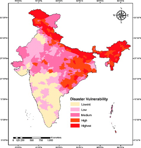 Figure4. District-level mapping of disaster vulnerability in India, measured as a composite of exposure, sensitivity, and adaptive capacity indices.