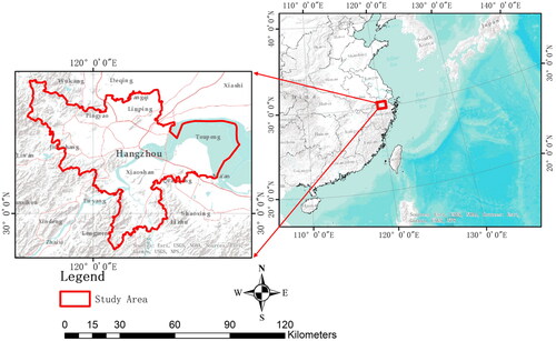 Figure 1. Study area, Hangzhou city, is situated in the estuary of Qiantang River, eastern coastline of China. The major roads are displayed as red lines and topography are displayed using gray shades.