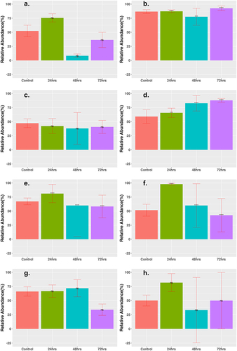 Figure 8. Statistically significant change in relative abundance of MGE transposase between control and treatment groups. Relative abundance of MGE integrase that had statistically significant change are shown. (a) Low-dose ciprofloxacin. (b) Low-dose fosfomycin. (c) Low-dose combination ampicillin, ciprofloxacin. (d) High-dose combination ampicillin, ciprofloxacin. (e) High-dose combination ampicillin, fosfomycin. (f) High-dose combination ciprofloxacin, fosfomycin. (g) Triple combination low-dose ampicillin, ciprofloxacin, fosfomycin. (h) Triple combination high-dose ampicillin, ciprofloxacin, fosfomycin. The height of each bar corresponds to the average relative abundance of integrase for that specific timepoint. The relative abundance was calculated as the percentage of reads mapped to each MGE within the sample. Statistically significant change of relative abundance was defined as those pairwise comparisons between control and 24, 48, and 72 h time points with (*FDR ≤ 0.05, **FDR ≤ 0.01, ***FDR ≤ 0.001, ****FDR ≤ 0.0001, ns FDR > 0.05).