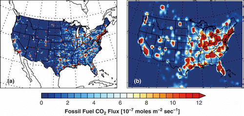 Figure 2. Monthly mean fossil-fuel CO2 emissions for October 2007 from (a) Vulcan and (b) CDIAC in the model domain.