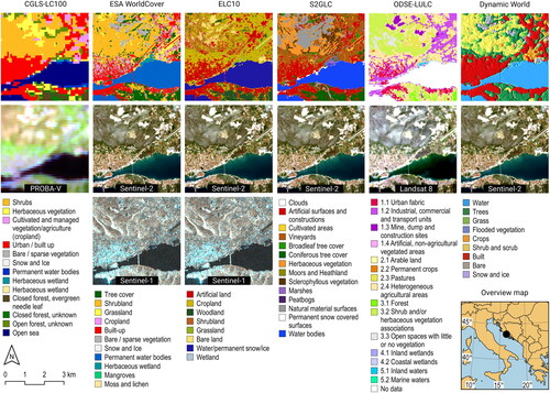 Figure 1. Visualizations of analysed land cover products and main data sources used for their production over the city of Trogir in Croatia. Each column represents one land cover product. First in each column is the land cover map with classes coloured according to legends shown at the bottom of each column. CGLS-LC100 land cover map is from 2019 (Buchhorn, Smets, et al. Citation2020), ESA WorldCover is from 2020 (Zanaga et al. Citation2021), ELC10 (Venter and Sydenham Citation2020) from 2018, S2GLC (Malinowski et al. Citation2020) from 2017, ODSE-LULC (only 14 level-2 classes, available at https://stac.ecodatacube.eu/) from 2019, and the Dynamic World (Brown et al. Citation2022) map is from 17 April 2020. All legends are complete, except the one for the CGLS-LC100, for which classes related to forests are aggregated. Between the land cover map and legend, in each column are visualizations of the main data sources that have been used for producing a particular land cover map. Copernicus Sentinel-2 image (R–G–B = B4–B3–B2) was acquired on 17 April 2020, ESA’s PROBA-V image (R–G–B = red band – NIR (near infrared) band – SWIR (shortwave infrared) band, as suggested by Veljanovski, Čotar, and Marsetič (Citation2019)) was acquired on 16 April 2020, USGS’s Landsat 8 image (R–G–B = B4–B3–B2) was acquired on 4 April 2020, and Copernicus Sentinel-1 image (R–G–B = VH band – [(VH + VV)/2 · 1.1 + 30] – VV band (VV – vertical transmit and vertical receive, VH – vertical transmit and horizontal receive), partly adopted from Syrris et al. (Citation2020)) was acquired on 16 April 2020. Light blue pixels on the Sentinel-1 composite correspond to urban areas (Syrris et al. Citation2020). Abbreviations: Copernicus Global Land Services Land Cover map at 100 m (CGLS-LC100), Sentinel-based pan-European land cover Map (ELC10), European Space Agency (ESA), Open Data Science Europe Land use/Land Cover (ODSE-LULC), Project for on-Board Autonomy – Vegetation (PROBA-V), Sentinel-2 Global Land Cover (S2GLC), U.S. Geological Survey (USGS).