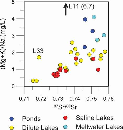 Figure 6. Comparison of the ratio of (Mg + K)/Na to 87Sr/86Sr isotope ratios for all lake types. The ratio of (Mg + K) to Na increases with increasingly radiogenic 87Sr/86Sr isotopic ratios