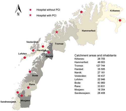Figure 1. Locations and catchment areas of the 11 medical hospitals on the northern Norwegian mainland.