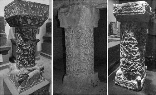 Figure 12. Left: the column of the tomb of Dawenkou excavated in 1960. Middle, the column carved in relief under the middle partition beam of the back chamber of the tomb of Dongjiazhuang in Anqiu County. Right: the column inside the Han tomb of Baiyangdian in Jiyang County. Photographs by the authors of this article.