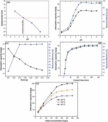 Figure 4. (a) Zeta potential of Fe3O4@AMPA@SA, (b) Effects of pH, (c) adsorbent dosage, (d) contact time, and (e) initial Cd(II) concentration on adsorption of Cd(II) onto Fe3O4@AMPA@SA nanocomposite.