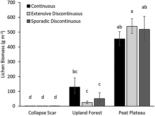 Figure 5. Lichen biomass in 2007–2008 modeled for the three topographic plot types (collapse scar, upland forest, and peat plateau) within the three permafrost zones: continuous (black), extensive discontinuous (light gray), and sporadic discontinuous (dark gray). Values represent least squares means with bars indicating standard error. Letters denote statistically significant groupings among means.