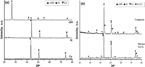 Figure 4. XRD patterns of prepared: (a) Cu and Ni powders, as received BN, (b) powder mixture and sintered 5 wt. % BN/20Ni-Cu composite.