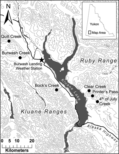 Figure 1. Map of the Kluane Region with Kluane and Ruby Mountain Ranges labeled, study site locations denoted by circles, and the location of the Burwash Landing weather station denoted by a star. The contour interval is 300 m