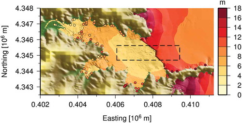 Figure 6. Filled contour plot of the maximum calculated free surfaces, ηmax (in T.P. m) from the 2CLOWNS-3D simulation on the 2DH NSWE 10 m mesh. Filled circles indicate TTJS survey measurements (Mori and Takahashi, Citation2012). The dashed rectangle indicates the location of 3D RANS mesh.