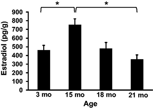 Figure 5. Intra-testicular estradiol concentrations. Estradiol concentration was significantly higher at 15 months compared to 3 months of age. Estradiol concentration was also significantly lower at 21 months compared to 15 months of age. n = 5 animals per group at 3 and 21 months; n = 3 animals per group at 15 and 18 months. *Indicates p < 0.05.