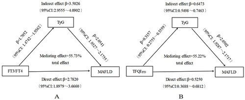 Figure 4 Mediation effect of TyG index on the associations between FT3/FT4, TFQIFT3 and MAFLD prevalence (A) FT3/FT4; (B) TFQIFT3.