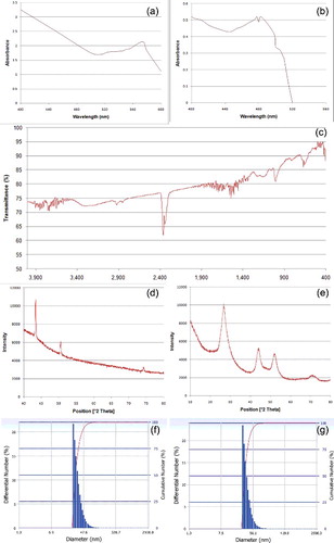 Figure 1. ( a–g) Characterisation of copper and cadmium sulphide nanoparticles. (a–b) UV--vis spectra of (a) Cu-NPs and (b) CdS-NPs. (c) FTIR spectra of CdS-NPs. (d–e) XRD patterns of powdered NPs ((d) Cu; (e) CdS). (f–g) DLS pattern of size distribution of (e) Cu-NPs and (f) CdS- NPs.