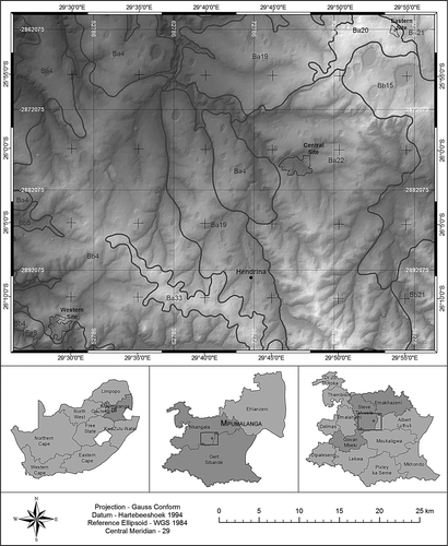 Figure 1:  Land type and orientation map of the survey area indicating the three sites