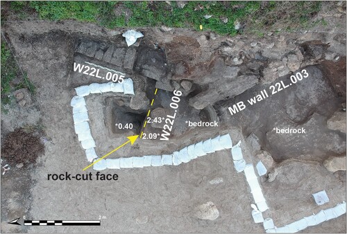 Figure 9. Land excavations in Love Bay and location of the Hellenistic walls and rock-cut feature (prepared by M. Runjajić and A. Yasur-Landau).