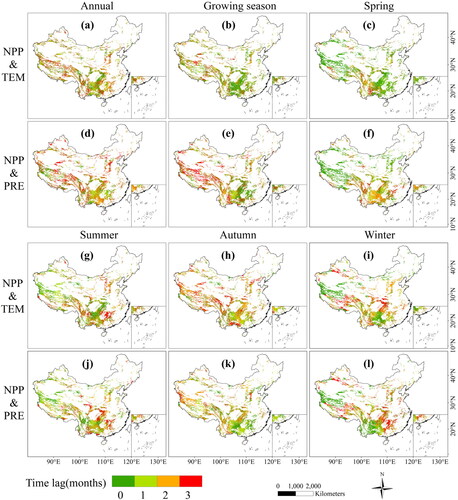 Figure 10. Spatial distribution of time lag in karst area of China at different growth stages.