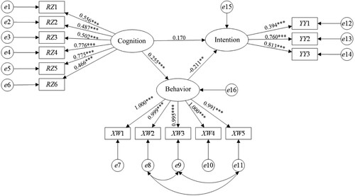 Figure 4. The association among cognition, intention and behaviour towards SICLU.Note: *, * *, * * * represent significant at 10%, 5% and 1% levels, respectively. The abbreviation of variable had been explained and showed in Table 2.