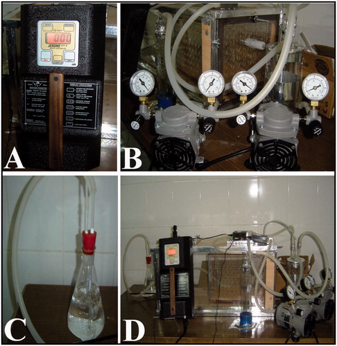 Figure 1. Specially designed lantern for mercury vapor application. A; special machine for measurement of vapor pressure, B; special lantern with manometers, C; nitric acid pot for elimination of waste of the mercury, D; completely view of the lantern.