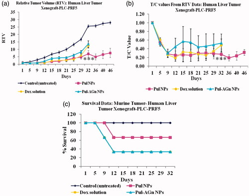 Figure 2. The inhibition effects of Dox formulations on the in vivo tumor growth. (a) The tumor growth curves for liver tumor-bearing nude mice after intravenous injections of Dox formulations, (b) T/C values, (c) survival plot (***p < 0.001).