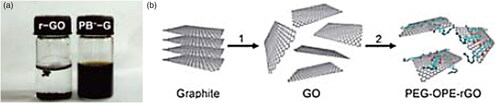 Figure 3. Dispersion of (a) reduced graphite oxide (r-GO) [left] and PB- functionalized graphene (PB′-G) [right] in water with concentration of 0.1 mg.mL−1 and (b) The synthesis route of amphiphilic reduced graphene oxide (PEG.OPE.rGO) from coil-rod-coil conjugated triblock copolymer [Citation24–26]. Copyright (2013) RSC Publishing.