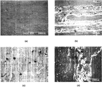 FIG. 8 SEM micrograph of a piston bore surface after scuffing. (a) Smooth original surface (#XB-1 1), mild wear regime, (b) Smooth original surface (#XB-1 1), severe wear and scuffing regimes, (c) Rough original surface (#XER-4), mild wear regime and (d) Rough original surface (#XER-4), severe wear and scuffing regimes.
