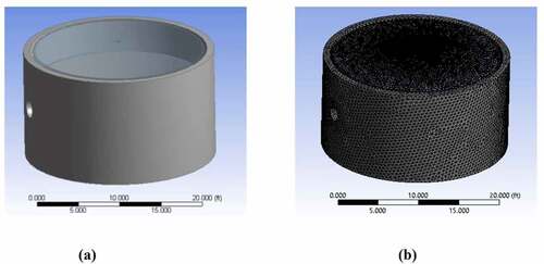 Figure 1. a) Geometrical model, and b) generated mesh of a floating dome digester (developed in ANSYS software)
