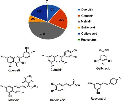 Figure 1 The amount of major polyphenols in red wine (mg/mL) and their chemical structures.Note: Data from Xiang et al.Citation18