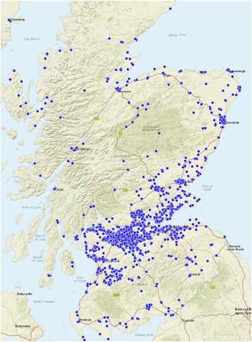 Figure 2. Locations of Vacant and Derelict Land Register Sites in Scotland in the British Coordinate Grid. The size of each plot is not drawn to scale.
