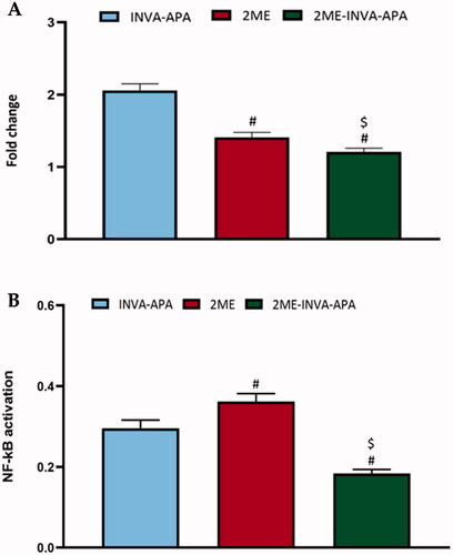 Figure 8. Modulation of treatments using the plain formula, 2ME-raw and 2ME-INVA-APA over expression level of inflammatory markers (A) TNF-α and (B) NF-κB. All results are expressed as the mean ± SE of three separate experiments. *Significantly different from the control (p<.05). #p=.05 was considered significant when compared to INVA-APA, and $p<.05 was considered significant when compared to 2ME.