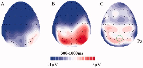 Figure 2. Scalp distributions of neutral (A), unpleasant (B), and difference (C) LPP waveforms (300–1000ms).