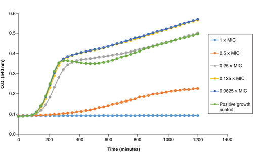 Figure 3. Time-dependent interaction of 2i with VRSA at MIC and sub-MIC values.MIC: Minimum inhibitory concentration; VRSA: Vancomycin-resistant S. aureus.